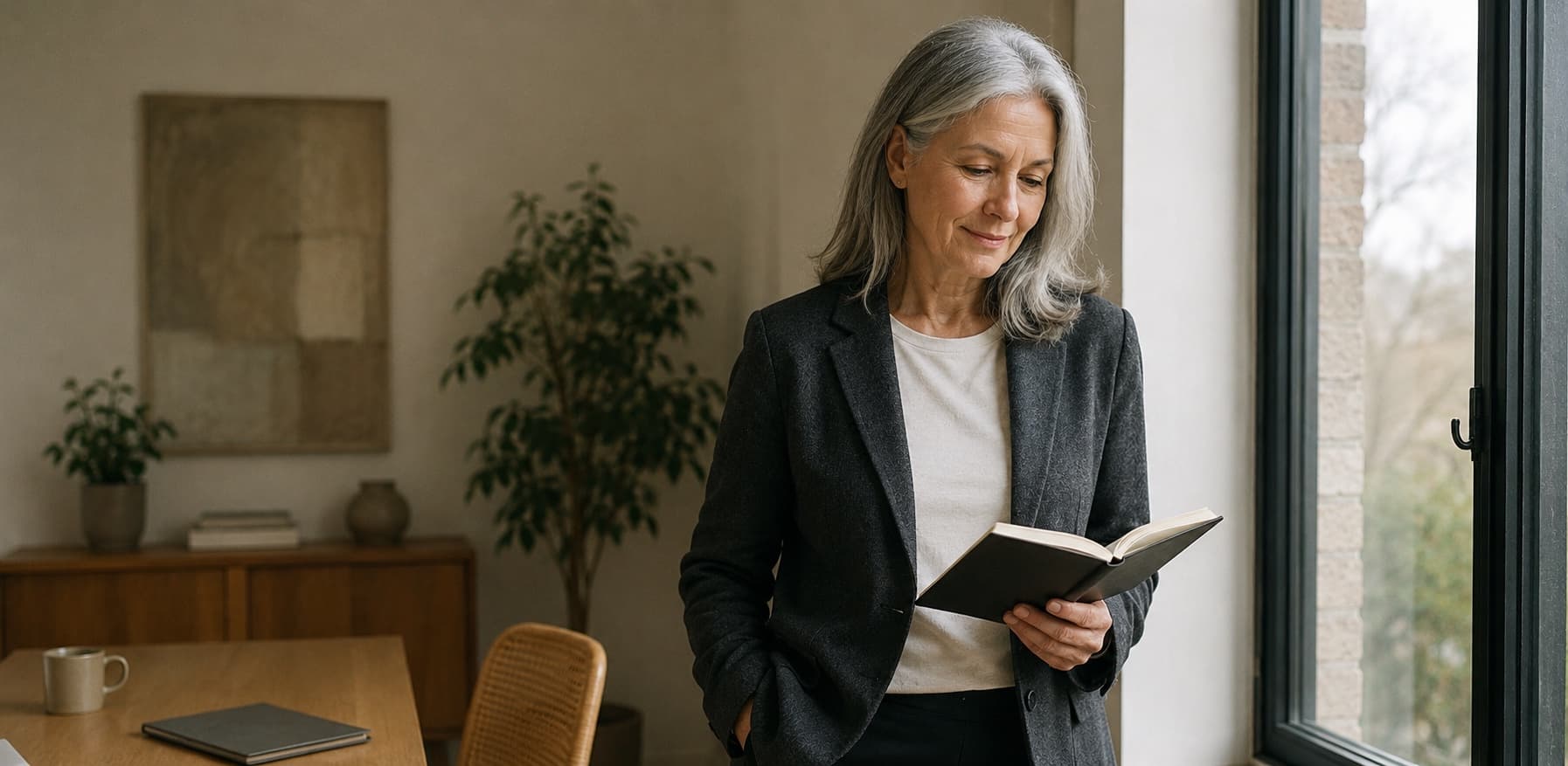 Consultant by the window of her office, notebook in hand