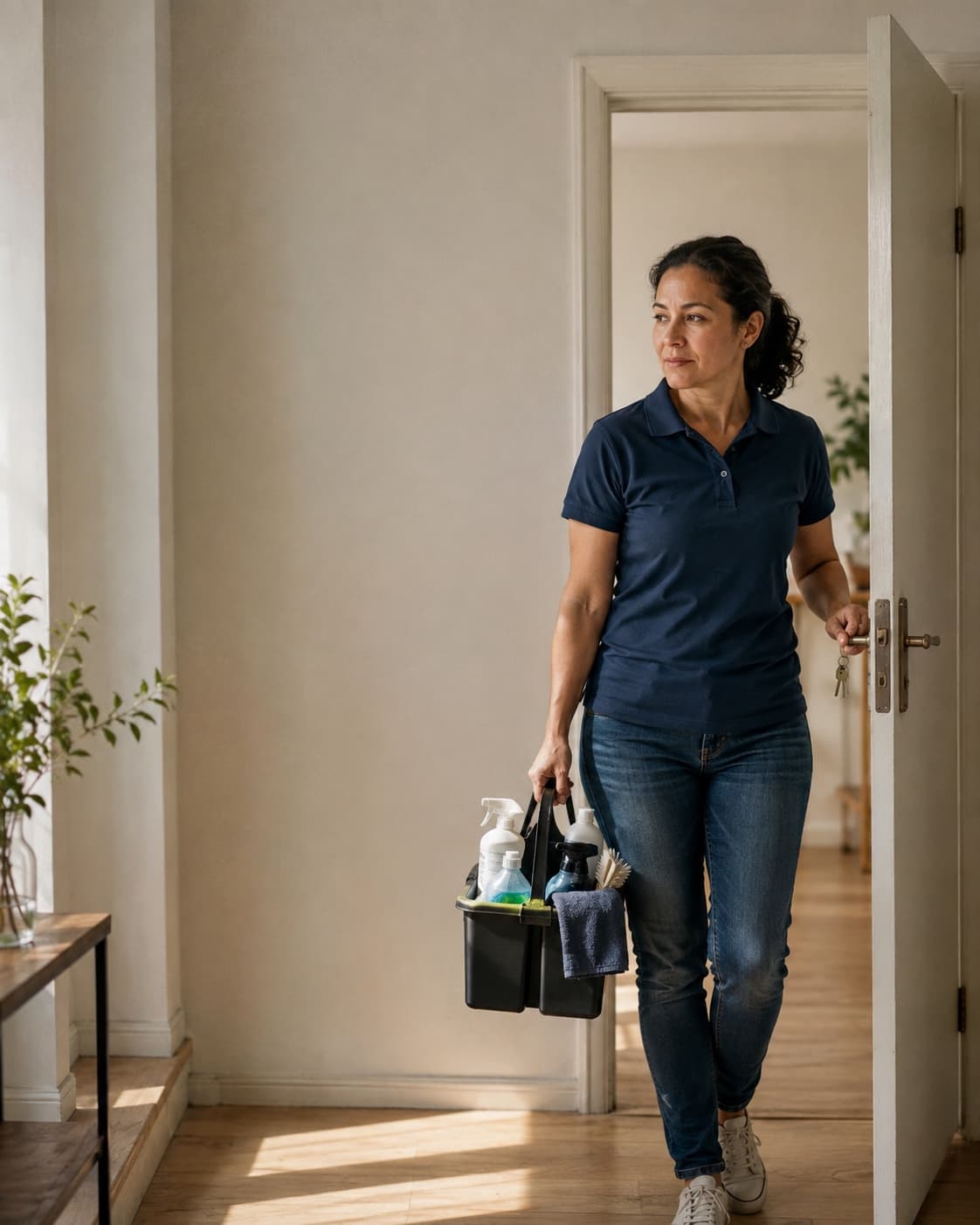 Cleaning business owner arriving at a client's bright doorway