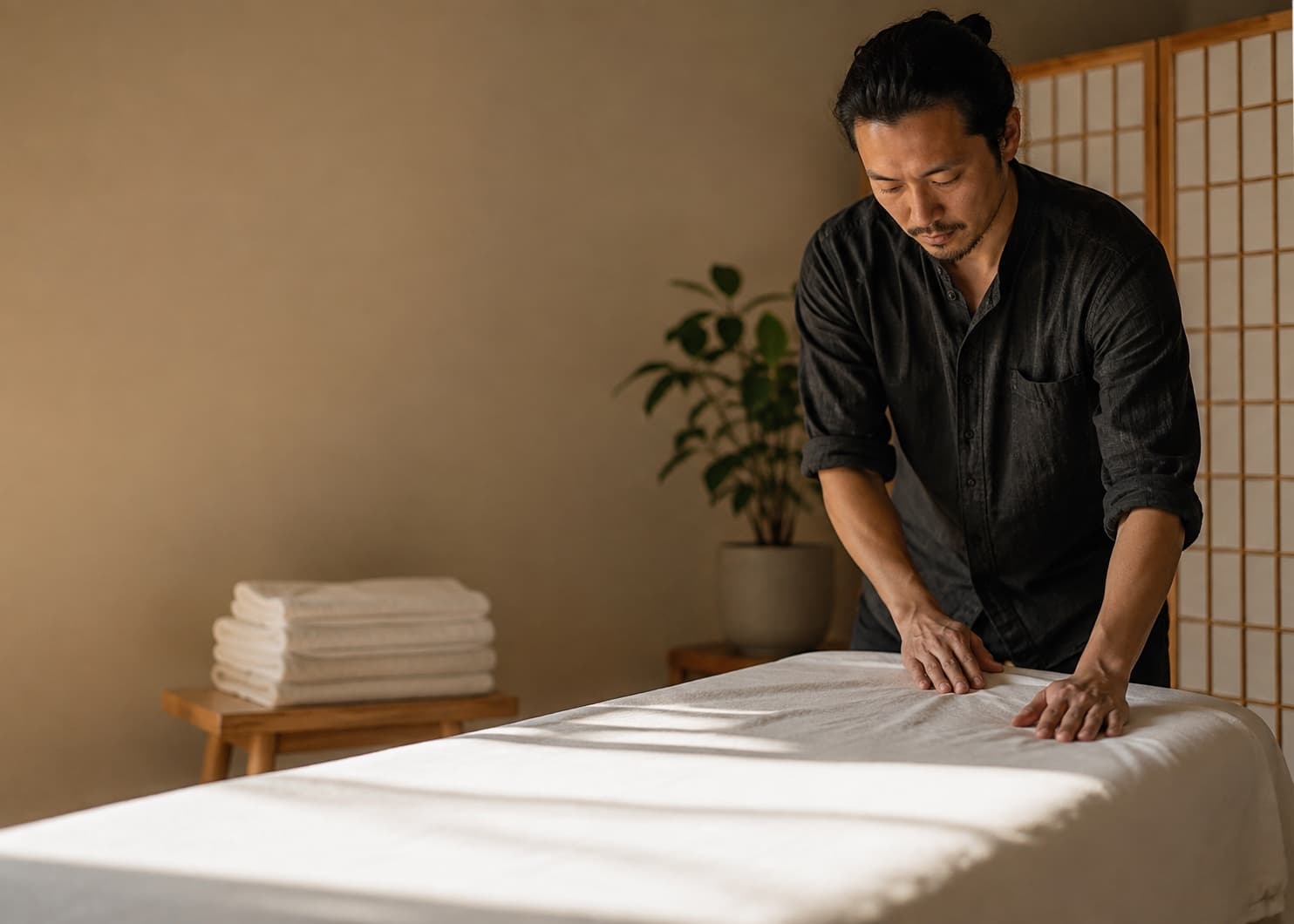 Massage therapist preparing the table between clients