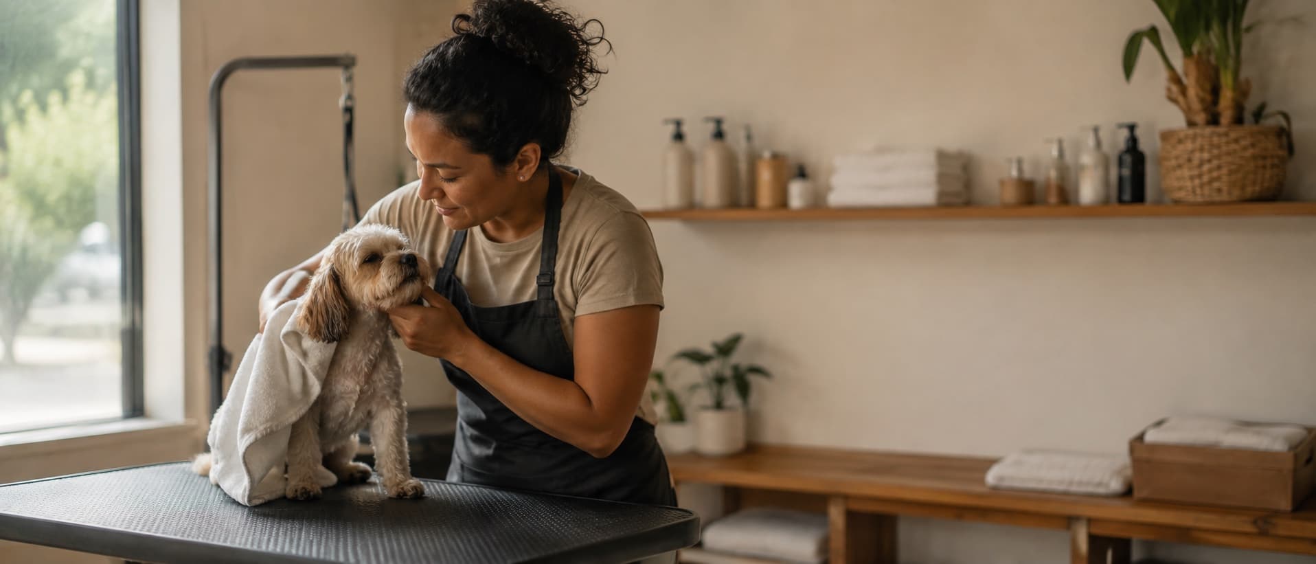 Groomer drying a calm small dog on the grooming table