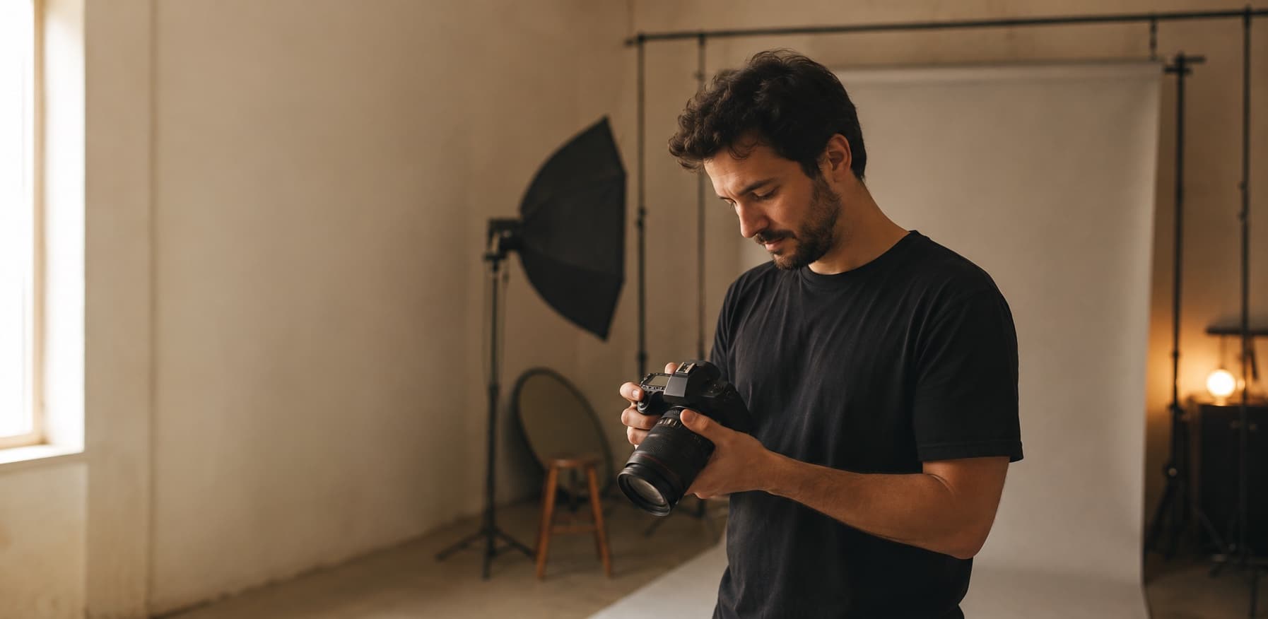 Photographer checking a camera between studio sessions