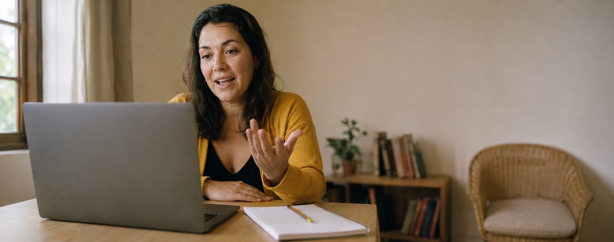 Language teacher mid-sentence in a one-to-one online lesson