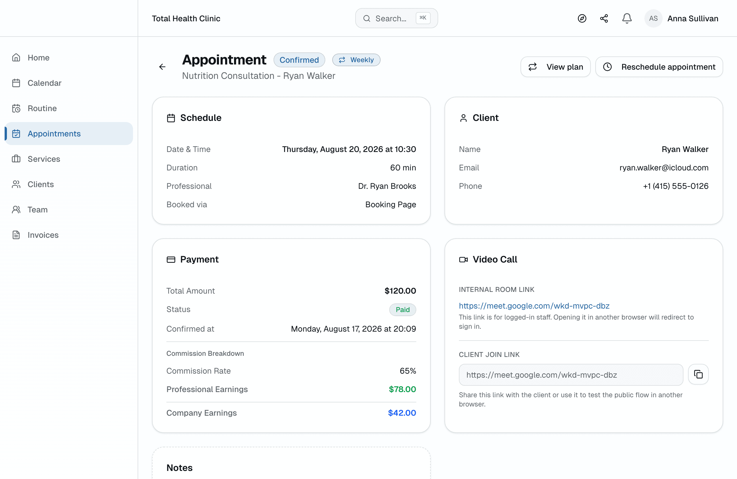 Real appointment detail with its video call link
