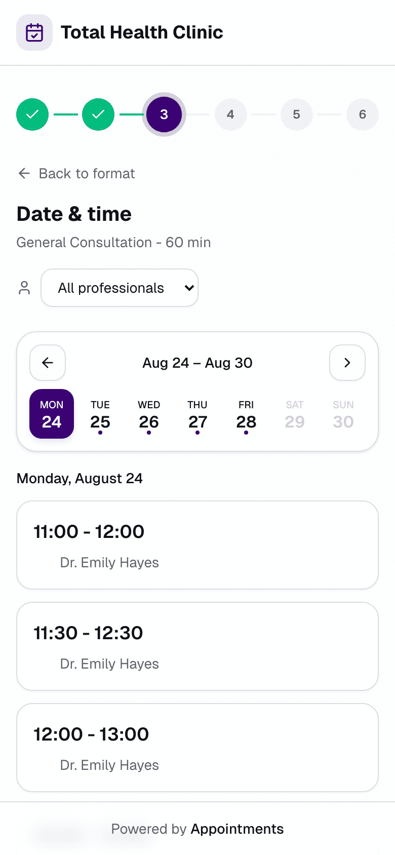 Real Appointments booking page on a phone: picking a time slot