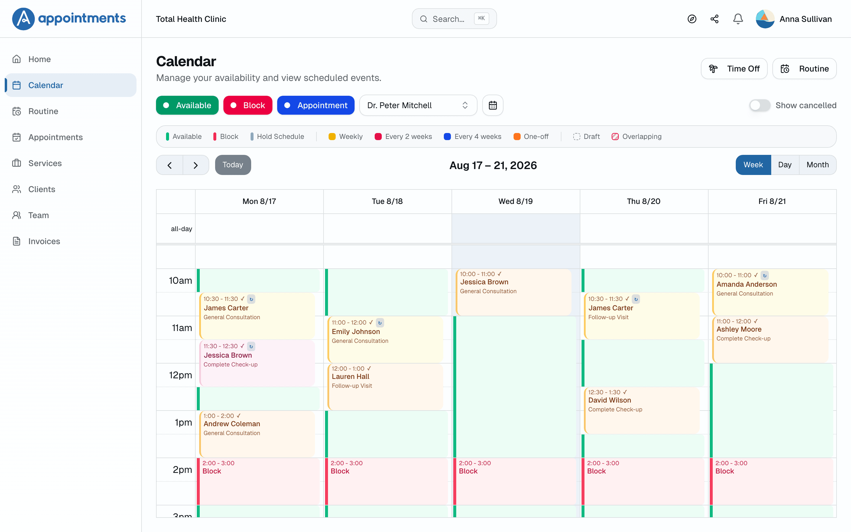 Real Appointments week view with recurring, paid sessions