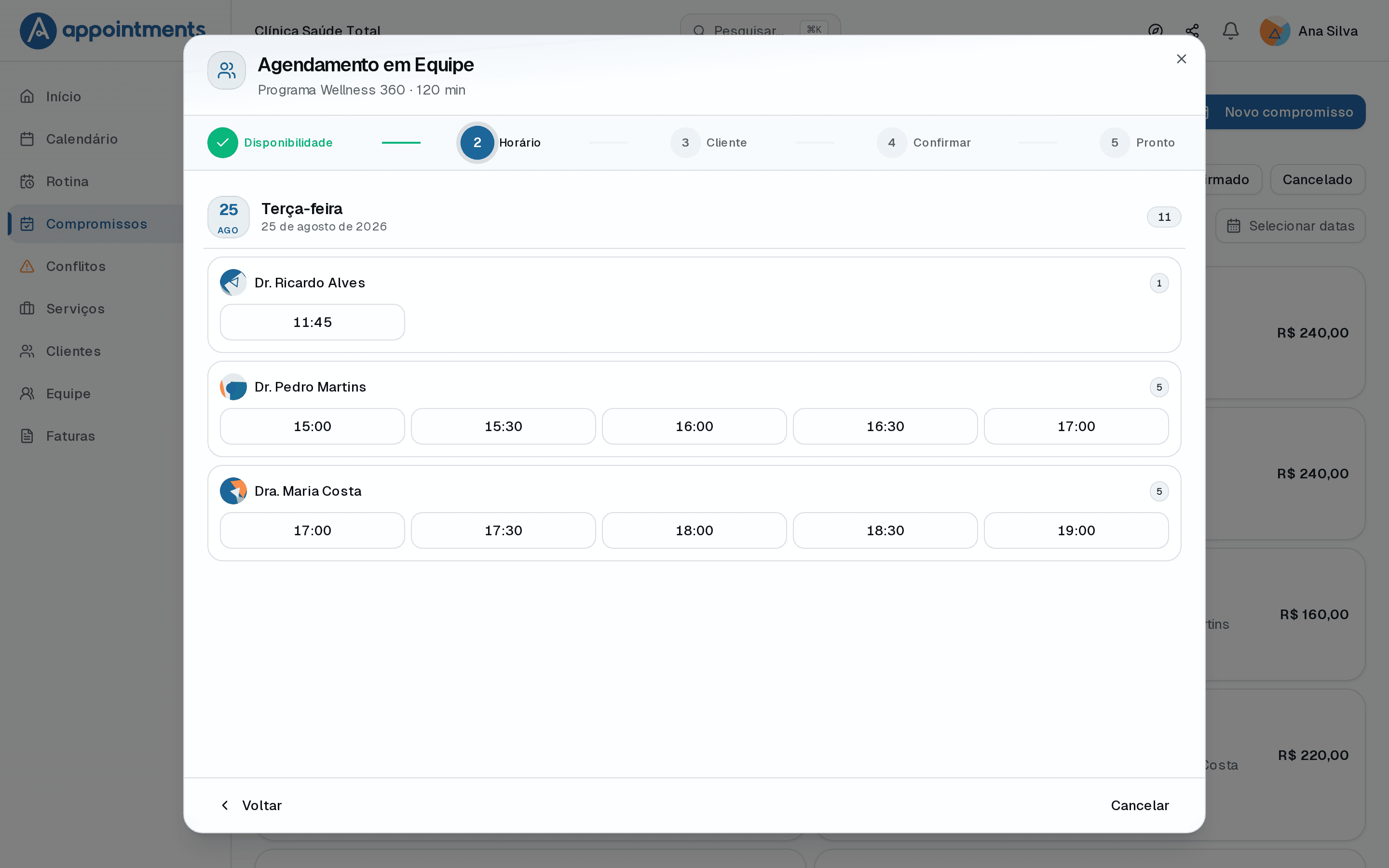 Vista real da equipe no Appointments: disponibilidade de todos os profissionais