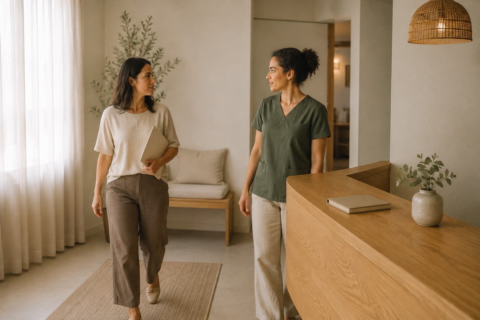 Two colleagues at the front desk of a small health practice