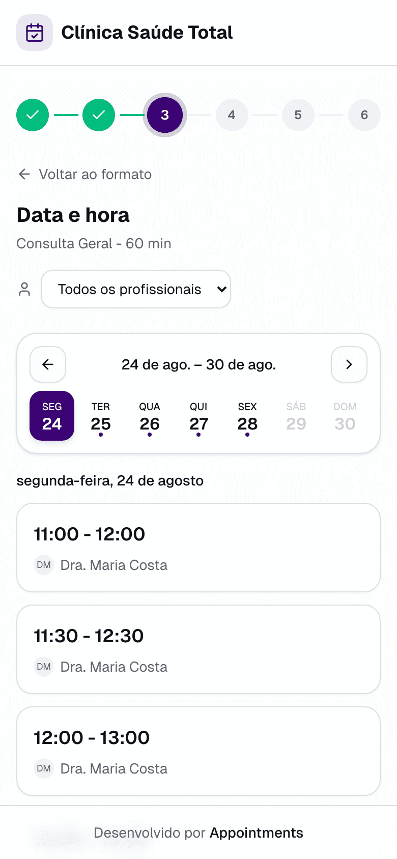Página de agendamento real do Appointments no celular: escolha de horário