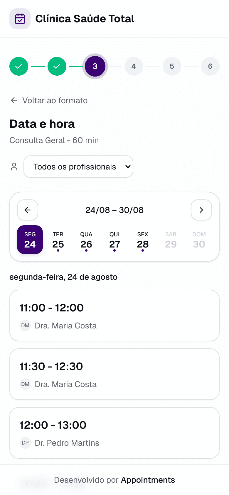 Página de marcações real do Appointments no telemóvel: escolha de horário