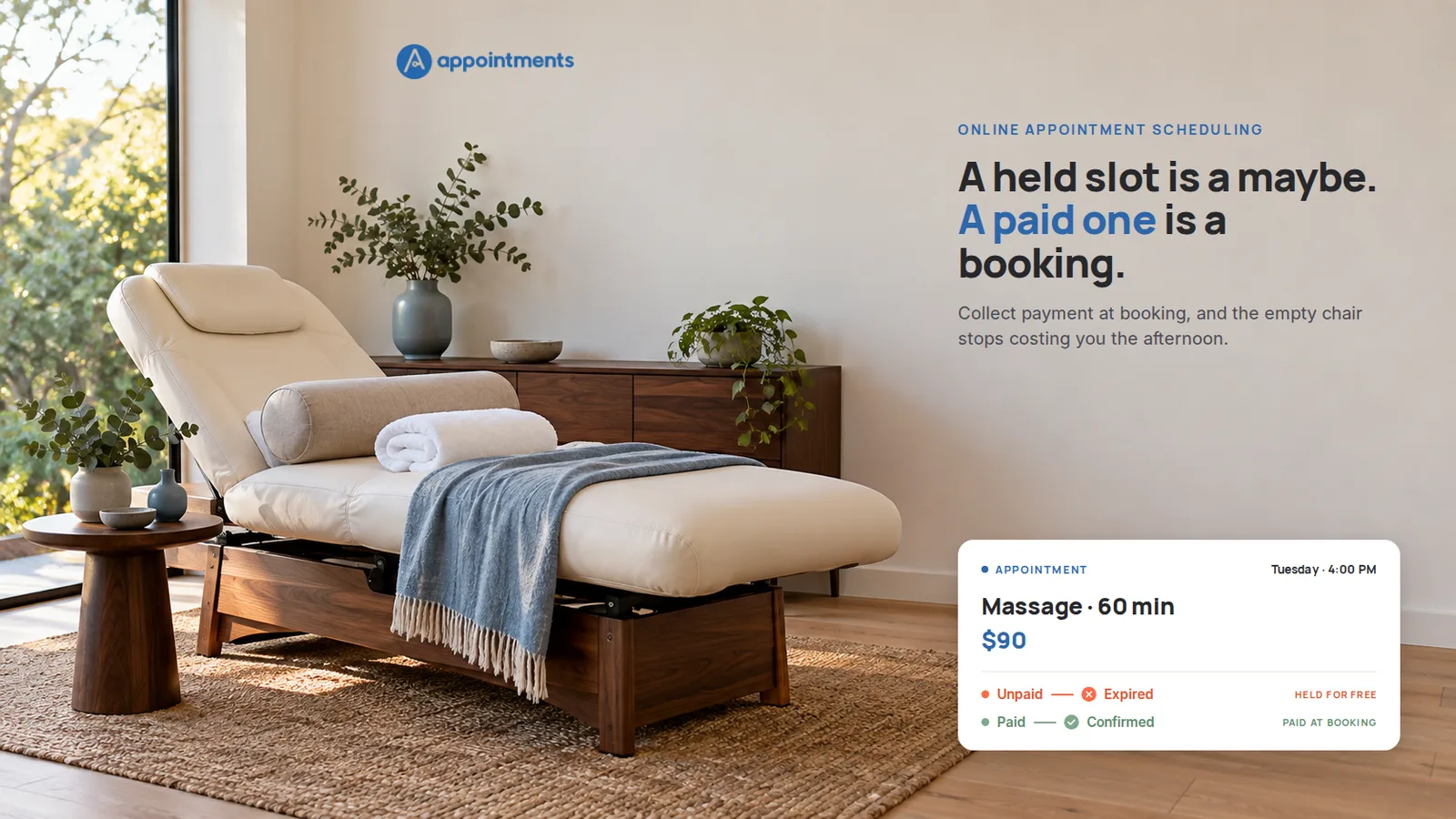 An empty ivory massage recliner in a calm treatment room in soft late-afternoon light, with warm walnut furniture, eucalyptus greenery and a dusty-blue throw, beside an editorial appointment card showing an unpaid slot expiring and a paid slot confirmed.